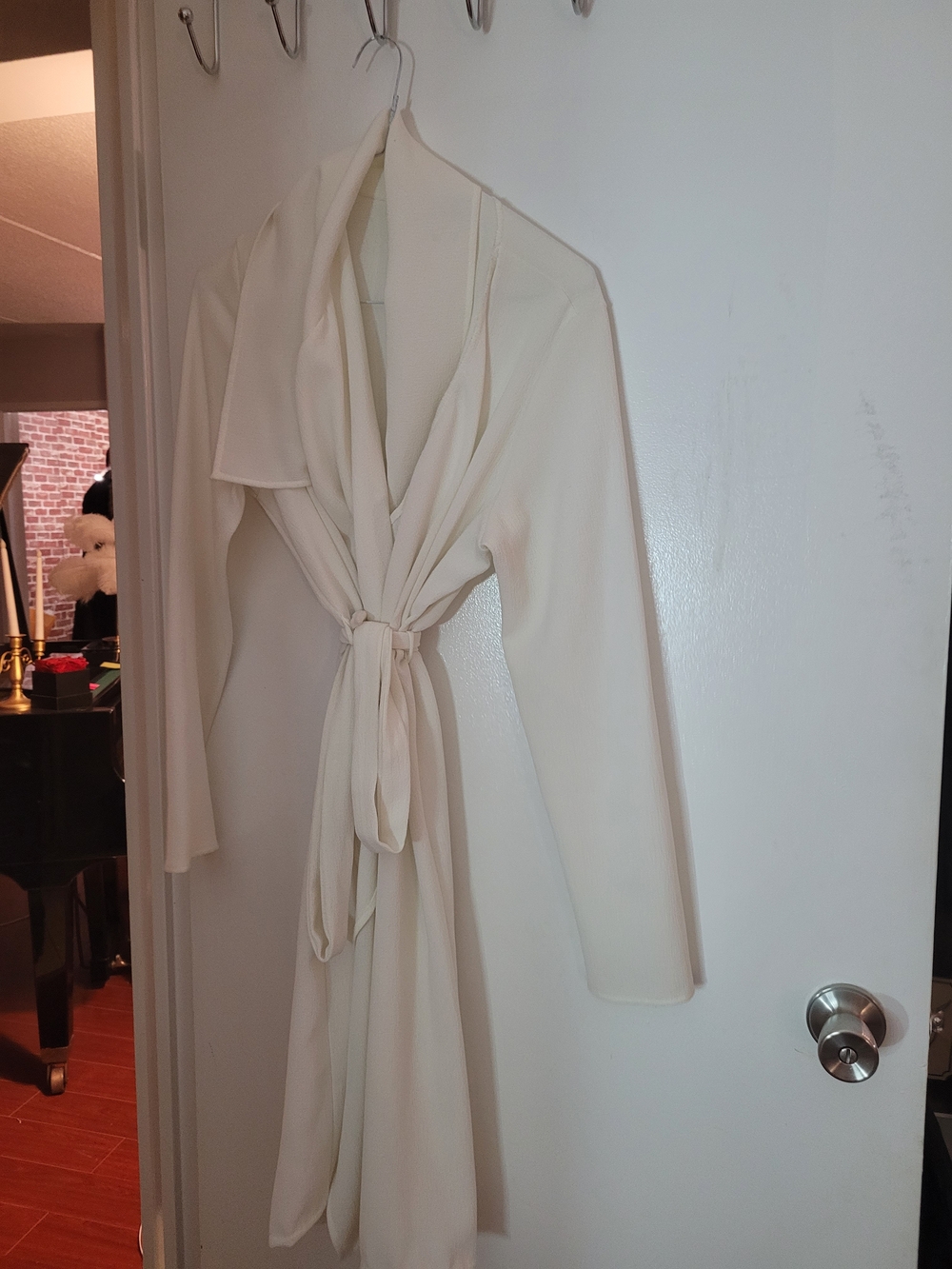 Cream Tie-Waist Drape Front Long Coat